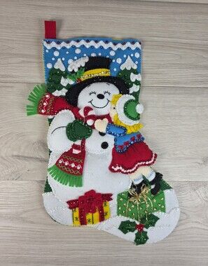 Bucilla Plaid Series Christmas Snowman Kisses 18” Felt Stocking b261